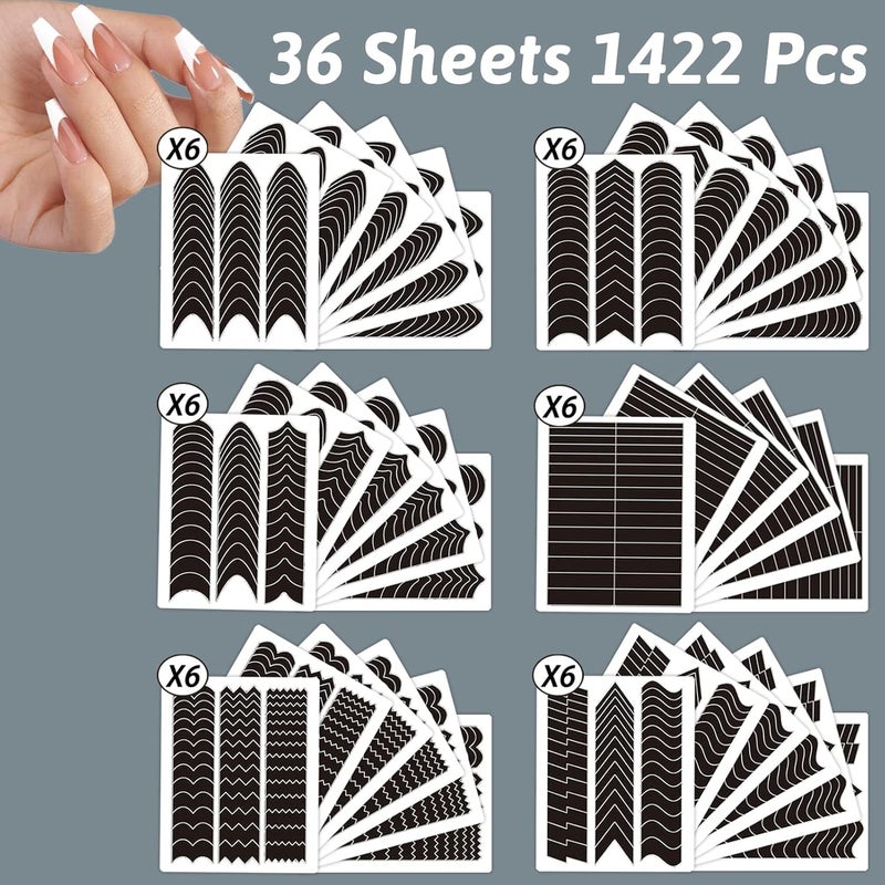 winthrop 1422 Pcs French Tip Nail Guides, Self-Adhesive French Moon Shaped V-Shaped Manicure Strip Stickers for Edge Auxiliary Black DIY Decoration Stencil Tools(11 Designs, 36 Sheets) - Image 3